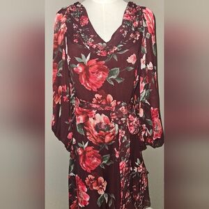 NWT Alex Marie Birdie Chiffon Floral Ruffled Midi Dress:Burgundy Floral: Size-12
